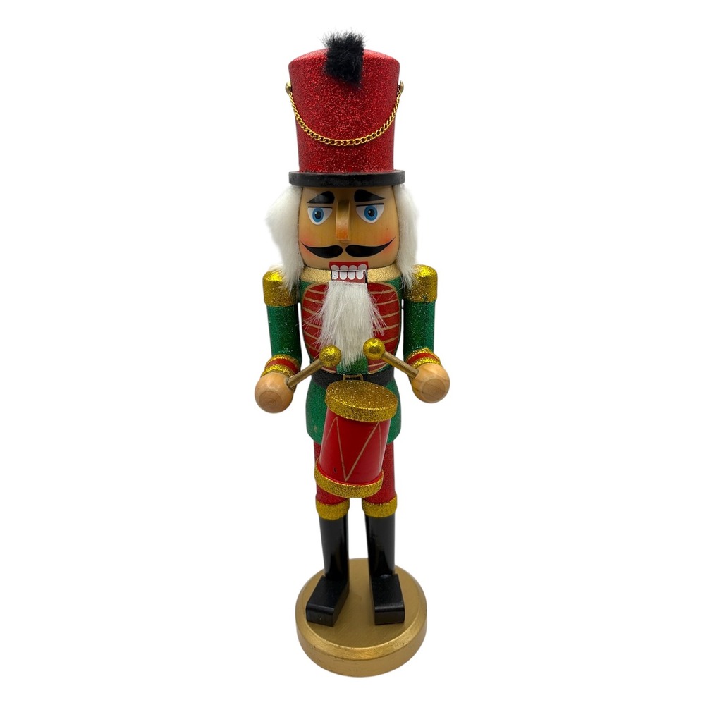 Red & Green Glitter Wooden Drummer Nutcracker Soldier 14" Christmas Decor